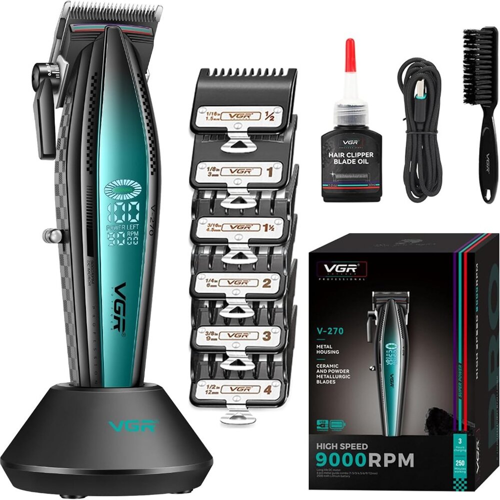 NEW VGR 270 Professional Hair Clippers, Cordless, 6 guide combs, LED
